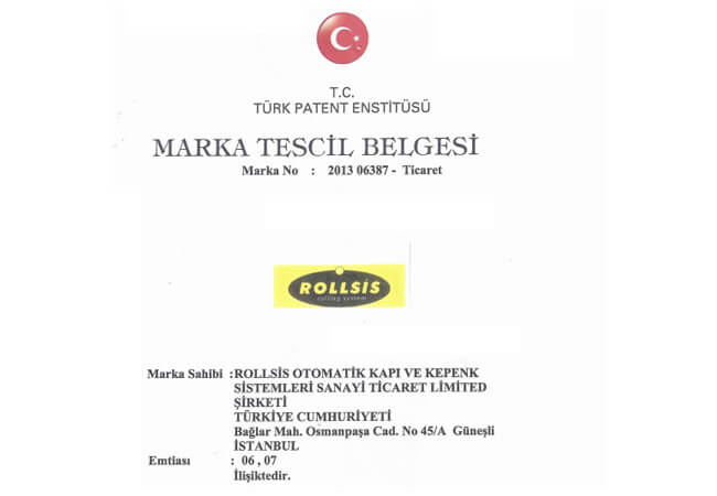 ROLLSIS MARKA TESCİL BELGESİ